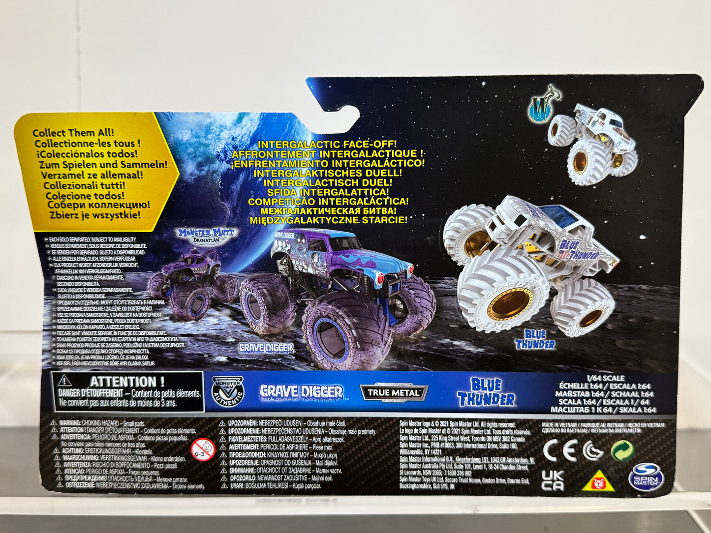 Monster Jam Gears & Galaxies Blue Thunder vs Grave digger (international ASDA card)
