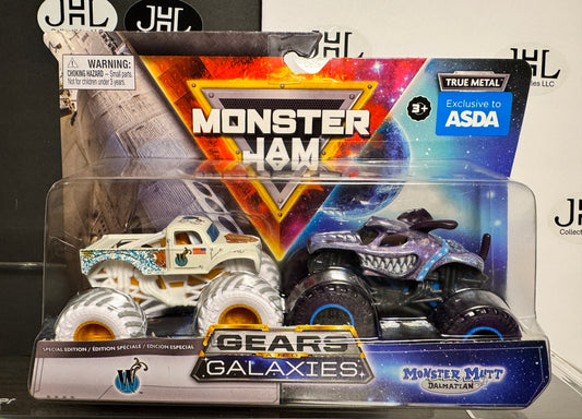 Monster Jam Gears & Galaxies Whiplash vs Monster Mutt Dalmatian (International ASDA card)
