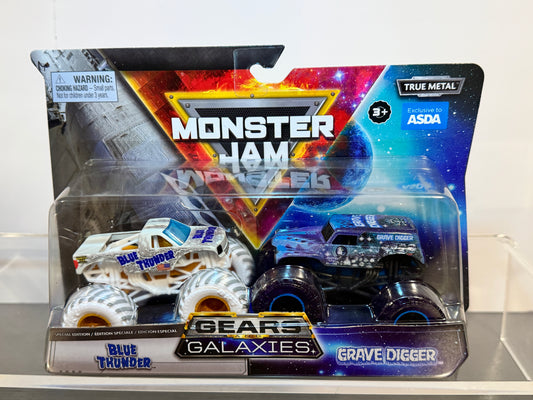 Monster Jam Gears & Galaxies Blue Thunder vs Grave digger (international ASDA card)